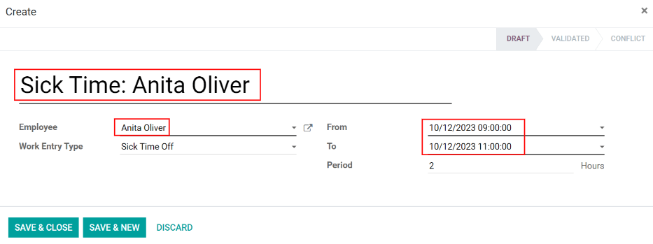 Formulario de 'crear' la entrada de trabajo en Odoo.