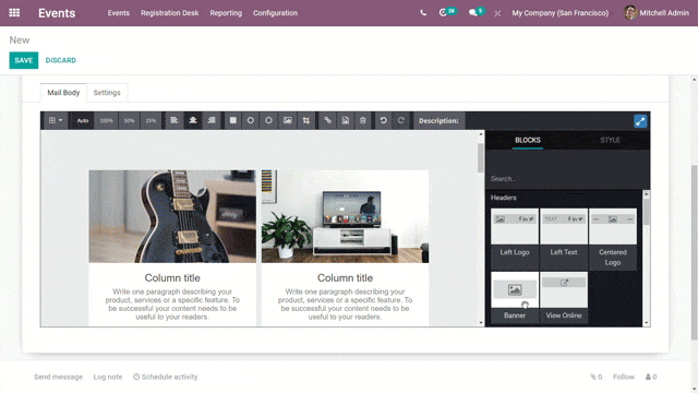 Vista de los bloques de creación de arrastrar y soltar utilizados para personalizar los correos electrónicos de invitación a eventos.