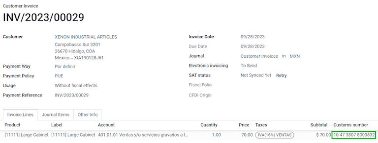 Número de pedimento en un producto de una orden de venta confirmada.