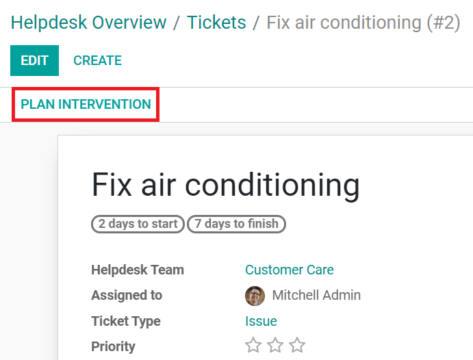 Planeación de una intervención desde los tickets de soporte al cliente de la aplicación Soporte al cliente de Odoo.