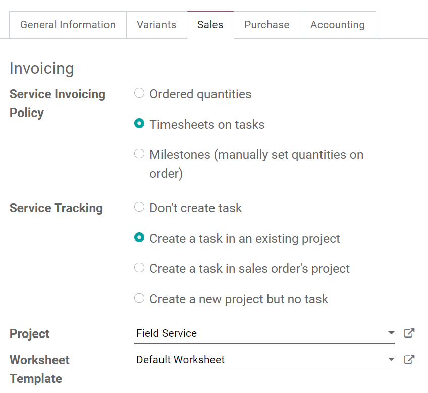 Configuración del producto para crear tareas desde las órdenes de ventas en el Servicio de externo de Odoo