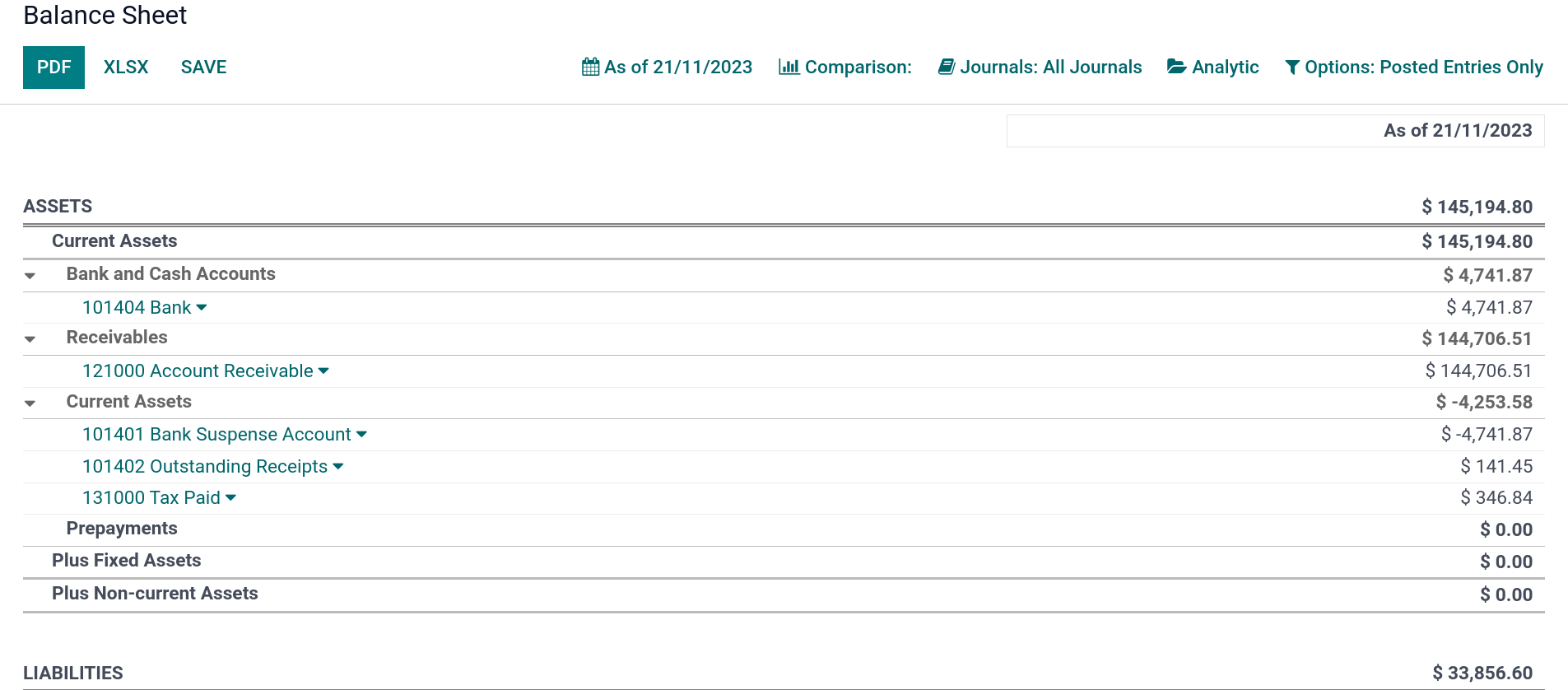 Reporte de balance general en Odoo.