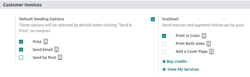 Activar la función de correo postal en los ajustes de la aplicación Contabilidad de Odoo.