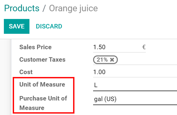Configure las unidades de medida de un producto en Odoo
